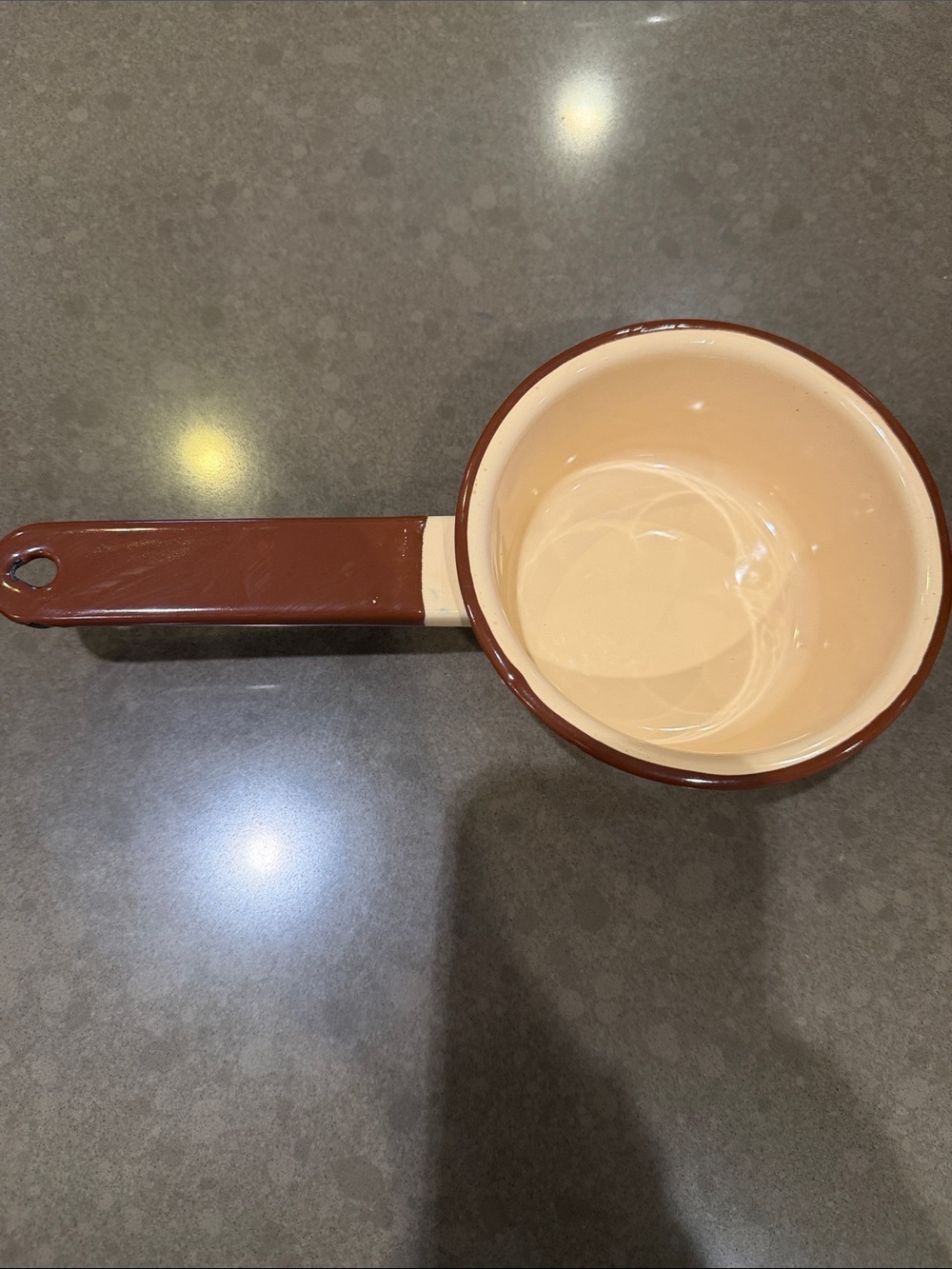 Vintage Enamel Saucepan in Brown and Cream - Classic Kitchen Pot